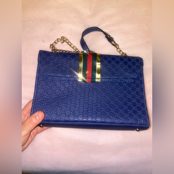 Blue Crossbody Bag with Gold Chain - Picture 2 of 3